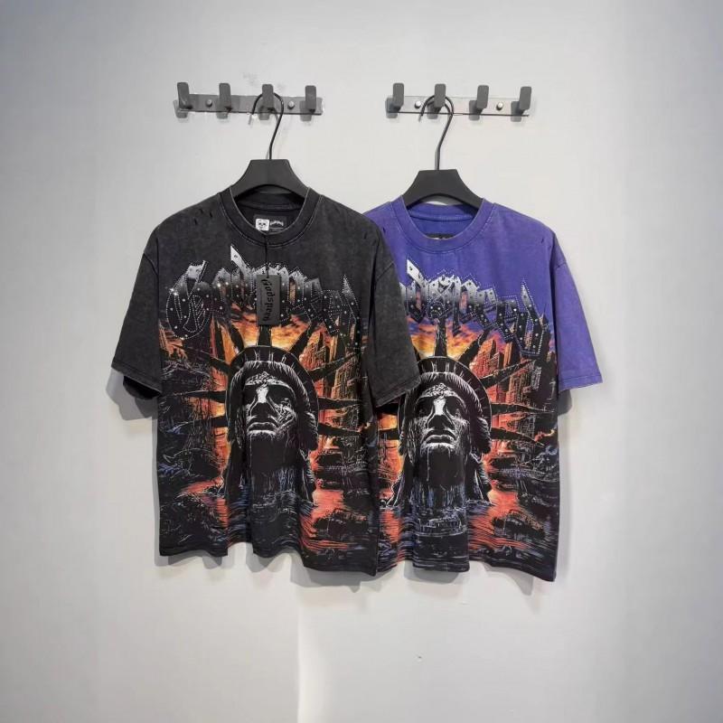 Mens Oversized Graphic Tee With Skull Print Washed Vintage Cotton T-Shirt Loose Fit Short Sleeve Crew Neck