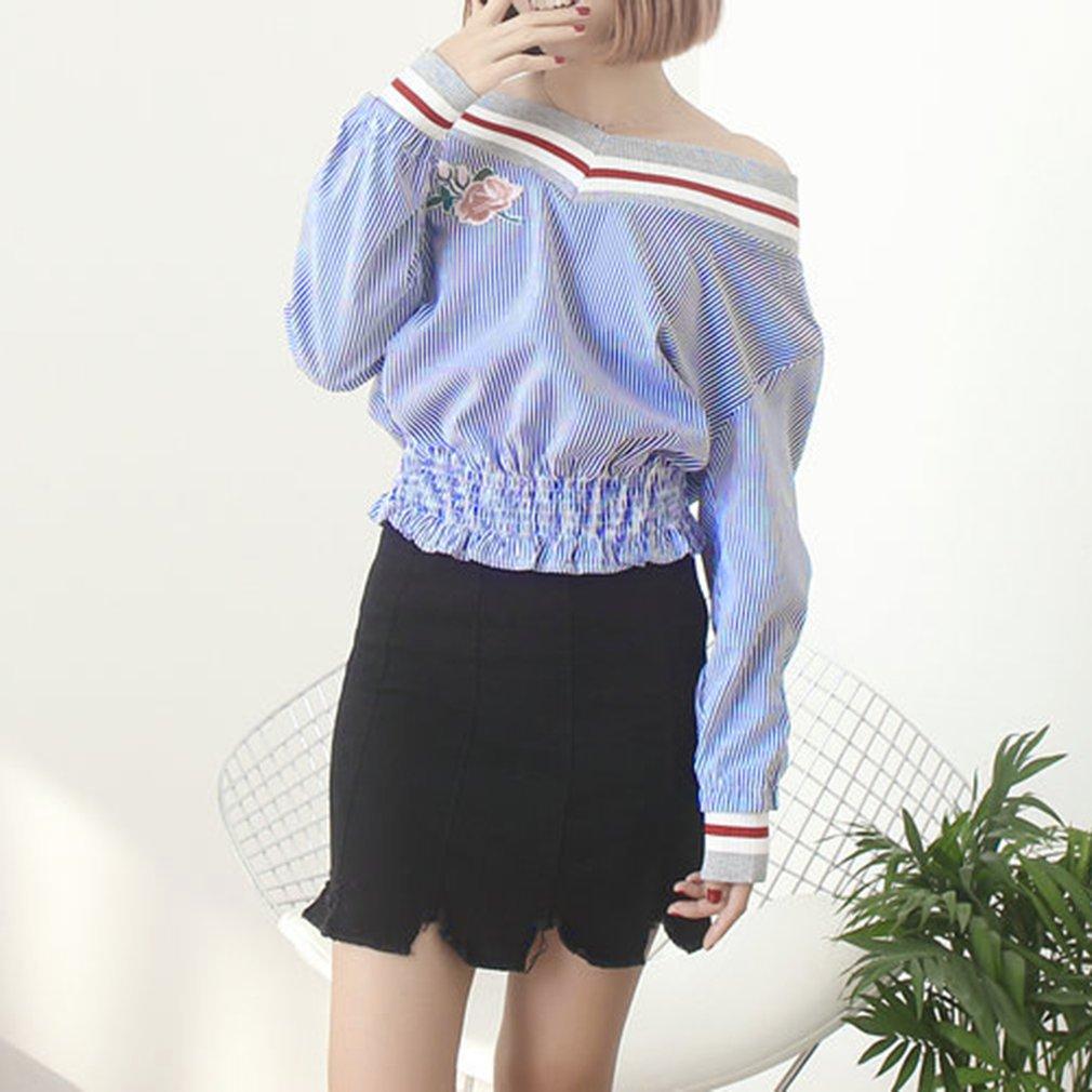 

2017 весенняя стильная женская блузка с v-образным вырезом и вышитым цветком в вертикальную полоску, топ, рубашка с эластичным хвостом, модная рубашка с длинными рукавами