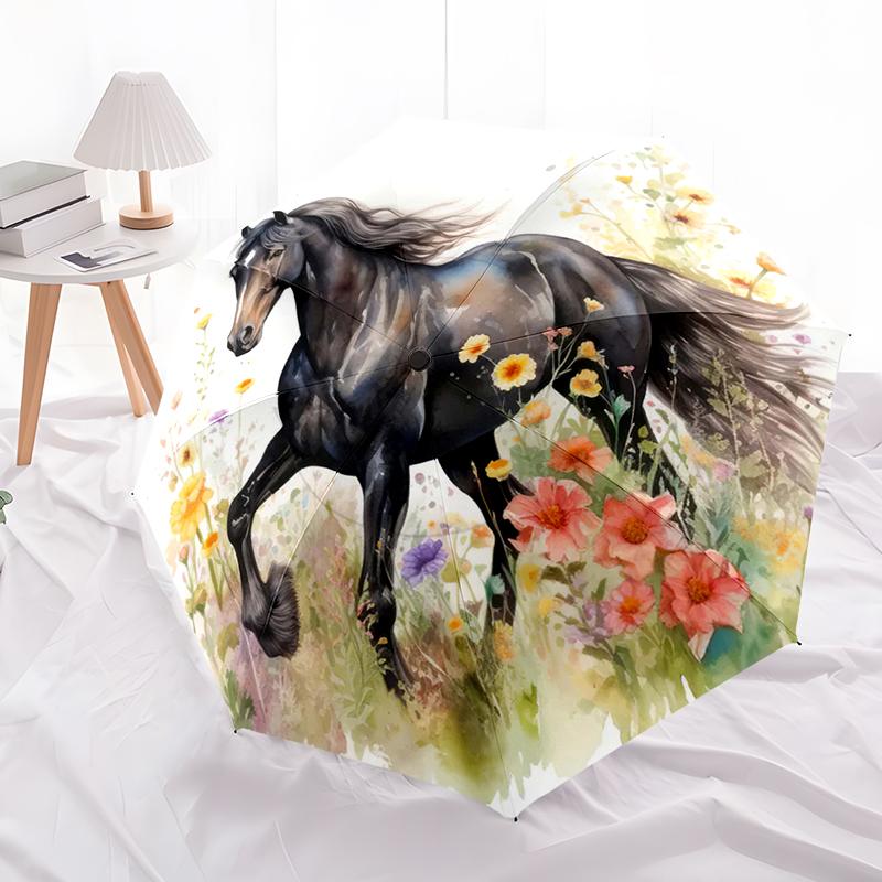Ombrello Pieghevole Automatico con Cavallo Design a 8 Stecche Ombrello Compatto per Tempo Libero all'Aperto e Ombrello Quotidiano. Regalo Perfetto Per Amici E Famiglia