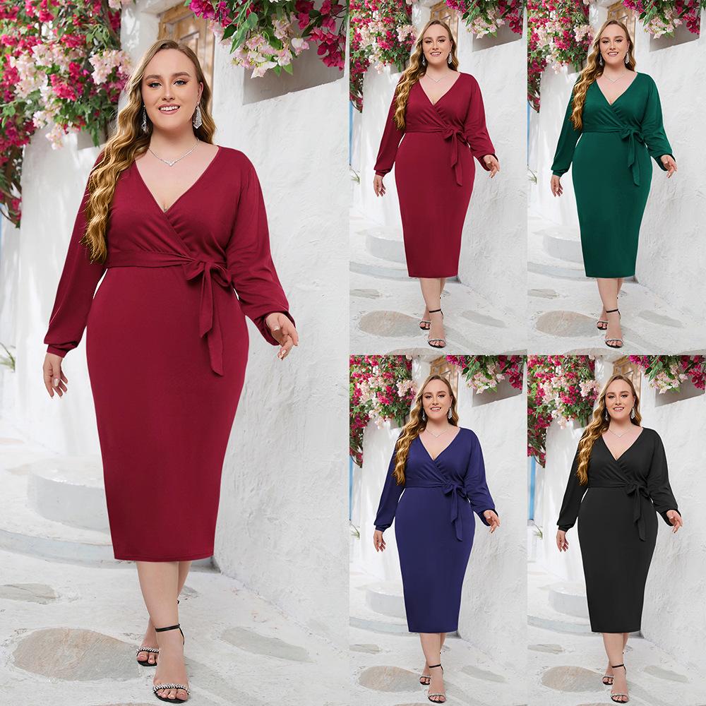 Plus Size Women Spring Autumn Long Sleeve V Neck Solid Color Tie Waist Midi Dress