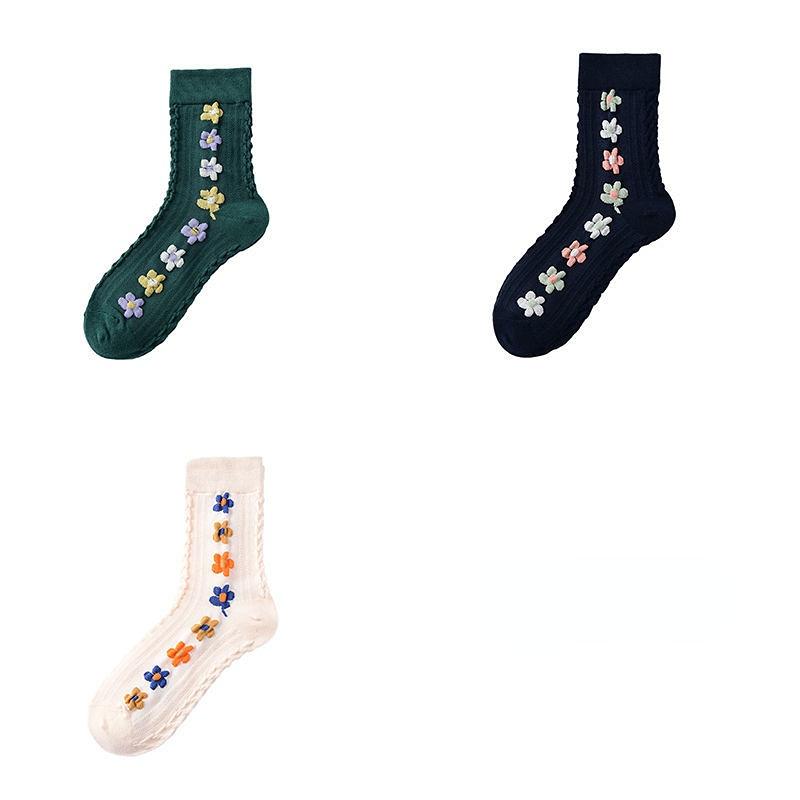 3/5pcs Spring Autumn Japanese Harajuku Woman Socks Cotton with Flowers Funny Socks Women Korean Style Kawaii Girls Calcetines Mujer