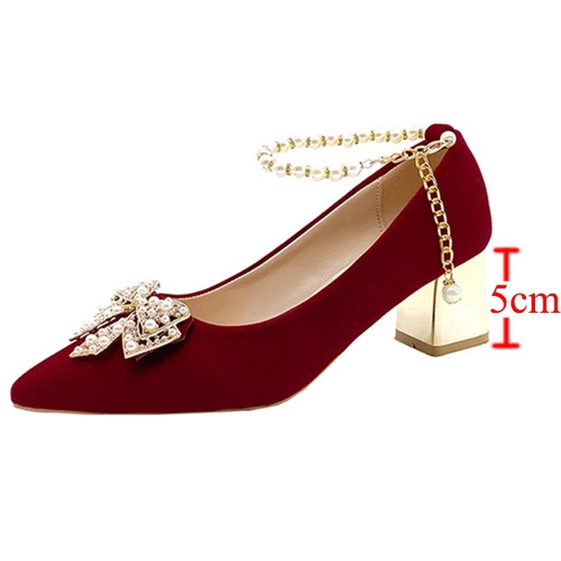 Fashion Red Pearl Bowknot Wedding Party Shoes for Women String Bead Thin Heels Pumps Ladies Ankle Strap Pointed Toe High Heels Shoes