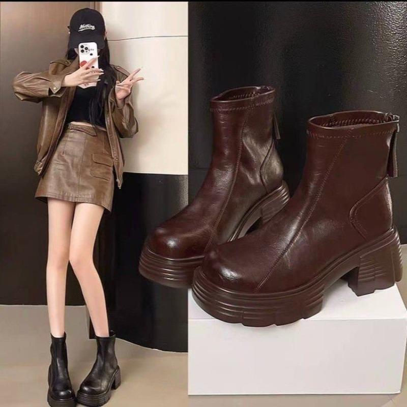 Thick-soled High-heeled Short Boots Women's New Velvet Warm Short Boots Autumn and Winter Wear-resistant Non-slip Versatile Women's Boots
