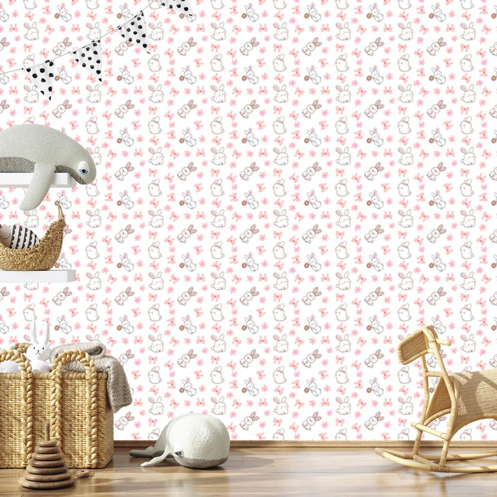Rabbits Wallpaper In White, Coral and Light Gray for Living Room and Bedroom 50x1000