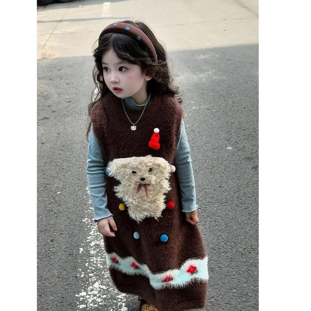 Girls' Autumn Coral Fleece Fur Dress - Cute, Soft, and Fashionable Long Vest for Children.