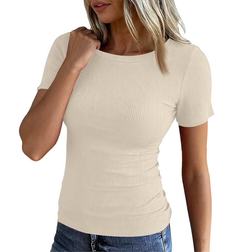 Ladies Slim Bottom T-shirt Fashion Casual Colour Round Neck Pullover Short Sleeve Top