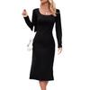 Women's Solid Color Long Sleeve Square Neck Slim and Elegant Long Dress
