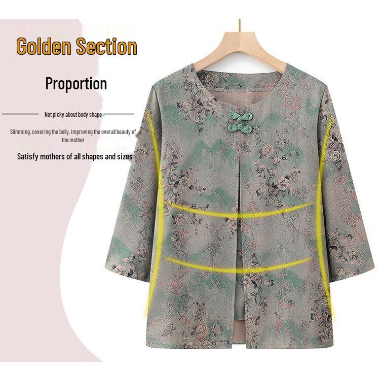 Chinese Style Plus Size Summer Blouse for Middle-Aged & Elderly Women: Mid-Sleeve & Two-Piece Look