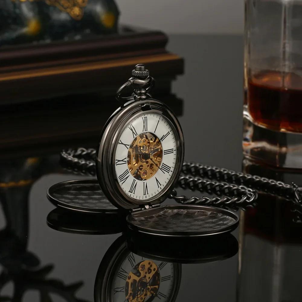 Hand Wind Mechanical Men Pocket Watch Skeleton Dial Steampunk Necklace Pendant Vintage Dress Fob Watches for Weeding Gift