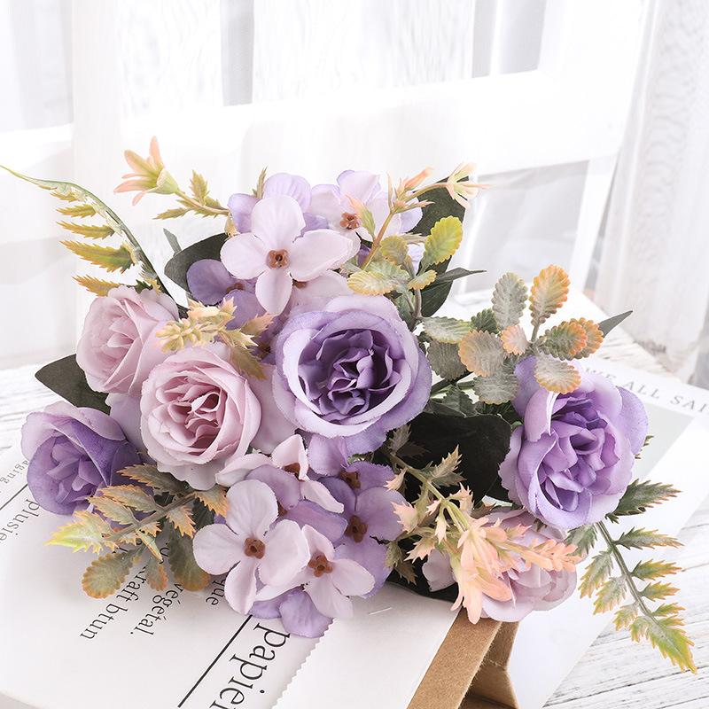 Fake Rose Bouquet Realistic Artificial Silk Roses Wedding Decoration Flowers Colorful Silk Hydrangea Flowers For Home Decoration