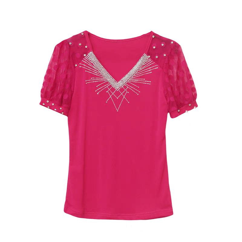 Summer New Mesh T-shirt Shiny Hot Diamonds Tees Sexy V-neck Short Sleeve Women's Tops Fashion Classic Girl Streetwear Blouse
