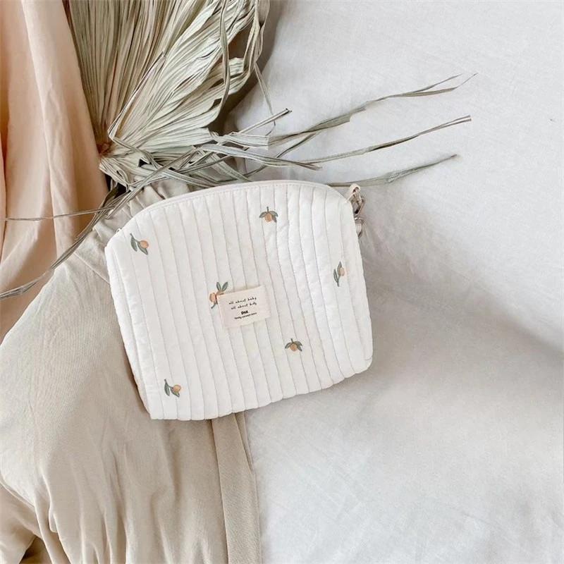 Cotton Embroidery Diaper Bag with Zipper Portable Reusable Nappy Sanitary Pads Organizer Stroller Handbag for Baby Supplies