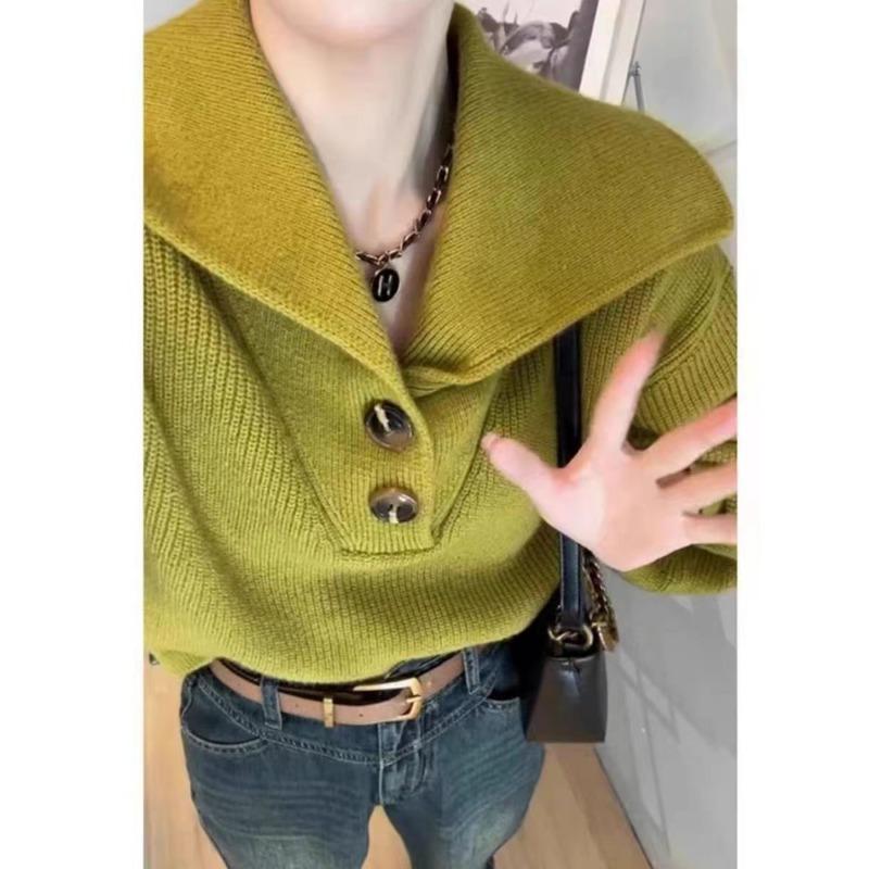 Autumn and Winter New Solid Color Simple Fashion Versatile Lapel Loose Version Lazy Style Short Long Sleeve Knitted Pullover Women