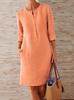 Plus Size Women's Cotton-Linen Long Sleeve Dress with Round Neck
