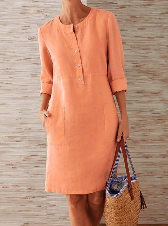 Plus Size Women's Cotton-Linen Long Sleeve Dress with Round Neck