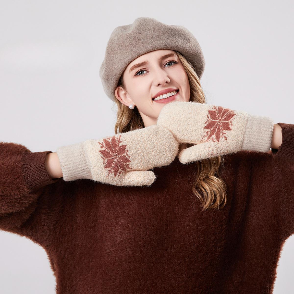 

Warmth and Thick Embroidered Gloves for Women Outdoor Riding Autumn and Winter Knitted Gloves Plus Velvet Cold Proof Double Layer Finger Clad Gloves