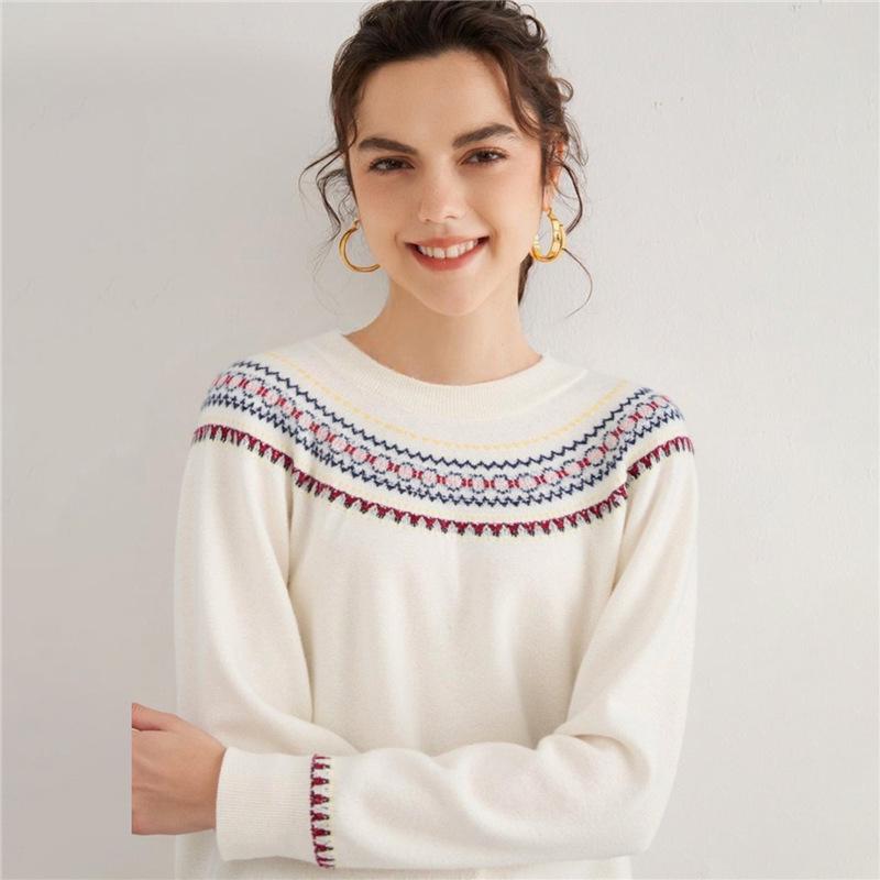 Women's 100% Cashmere Jacquard Sweater: Autumn/Winter Loose Round Neck Knitwear