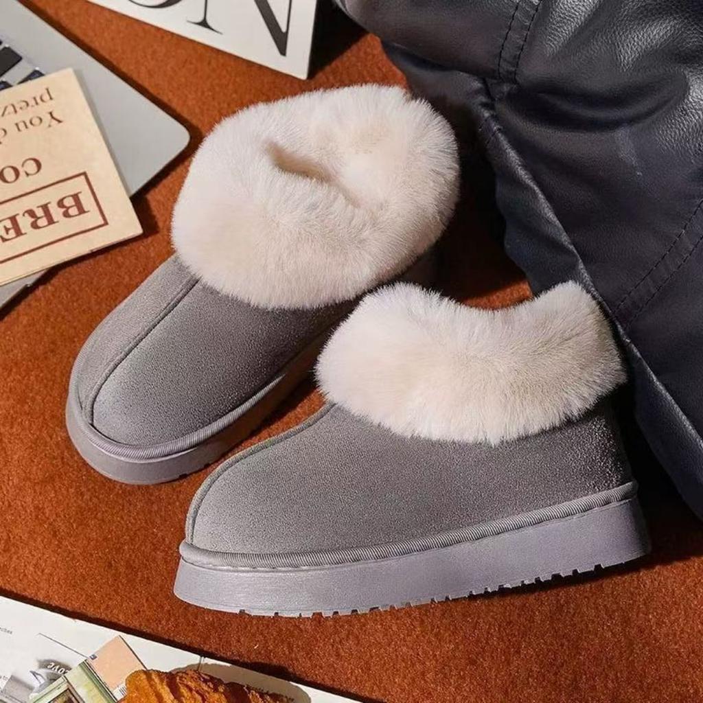 Baumwollpantoffeln mit Keilabsatz für Damen, Herbst und Winter, Plüschisolierung und dicke Sohlen für den Außenbereich, Paar-Baumwollschuhe mit Fell
