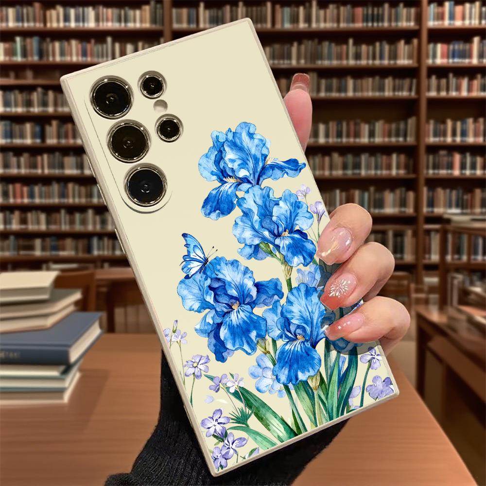 Blue Irises with Butterfly Soft TPU Case Slim Shockproof Protective Cover For Samsung Galaxy S Ultra FE Plus A Series 5G