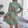 Women's Casual Elegant Flower Print Long Sleeve Tie Waist Long Sleeve Pleated Skirt Dress