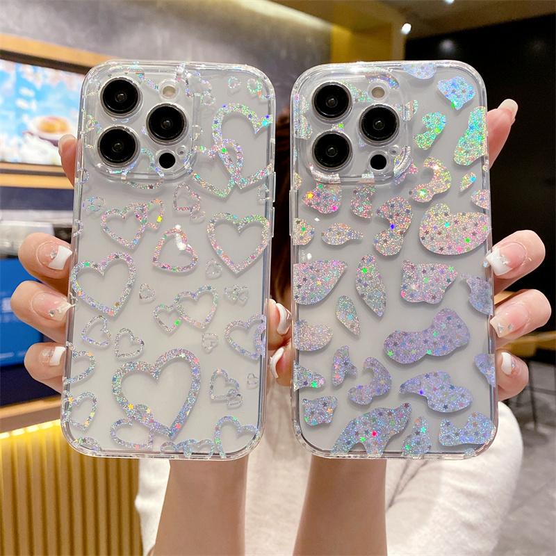 Luxusní galvanizovaný laserový pouzdro na telefon s leopardím potiskem a vzorem srdce pro iPhone 14 13 12 11 Pro Max 14plus Měkký IMD zadní kryt