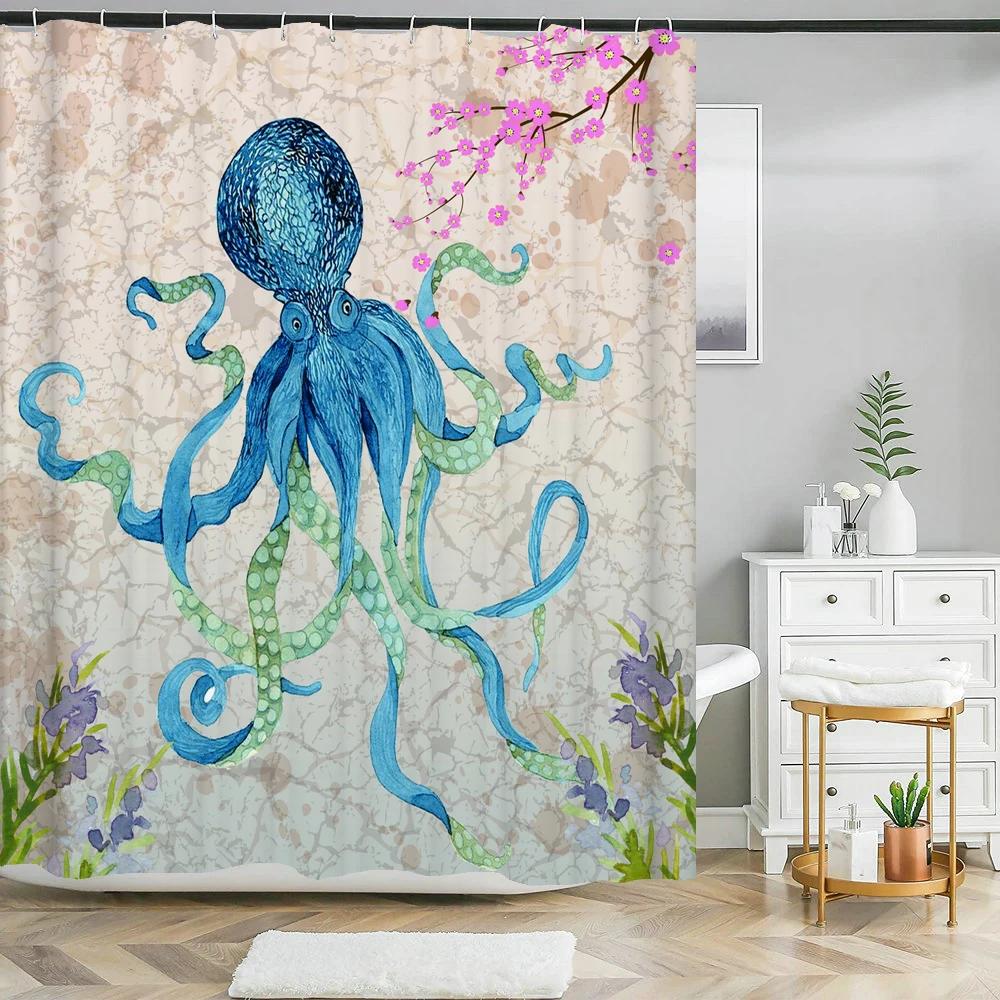 Octopus Seas Shower Curtains Bath Curtain 180*180cm Waterproof Bathroom Home Decor Washable Fabric Bathroom Screen With 12 Hoo