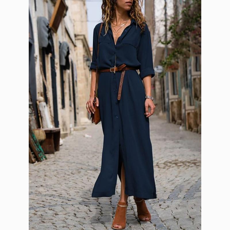 Fashion Long Sleeve Split Casual Shirt Dress Women Solid Single Breasted Plus Size Dress Female Elegant Loose Office Lady Dresses 24182