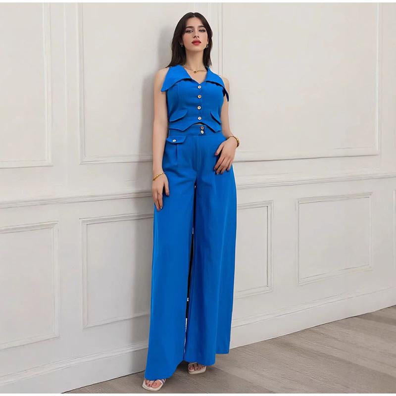 2025 spring and summer new women's solid color blouse sleeveless waist two-piece casual trousers suit