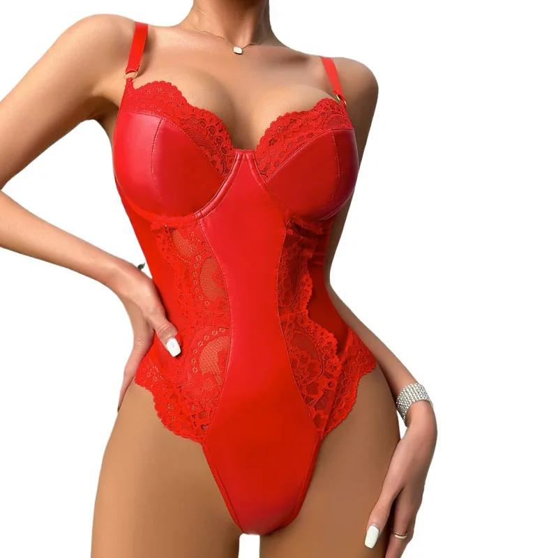 Adult Goods Costume Patent Leather Lace Cutout Bodysuit Corset for Women Sexy Nighties Lingerie Exotic Suits for Women Sexy Bras