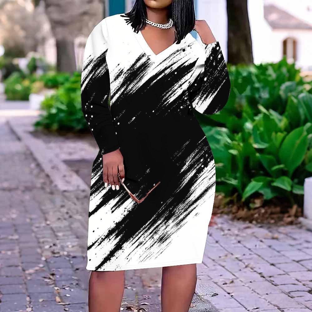 Women Plus Size V Neck Long Sleeve Black White Printed Fitted Straight Midi Dress