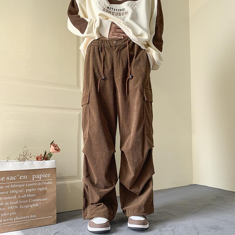 Men's Corduroy Overalls with Velvet - American Style, Straight Loose Wide-Leg, Trendy Autumn/Winter Large Size Pants