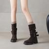 Krazing Pot Cow Suede Nubuck Winter Round Toe Modern Boots Med Heels Slip on Pleated Style Metal Buckle Mid-calf Boots