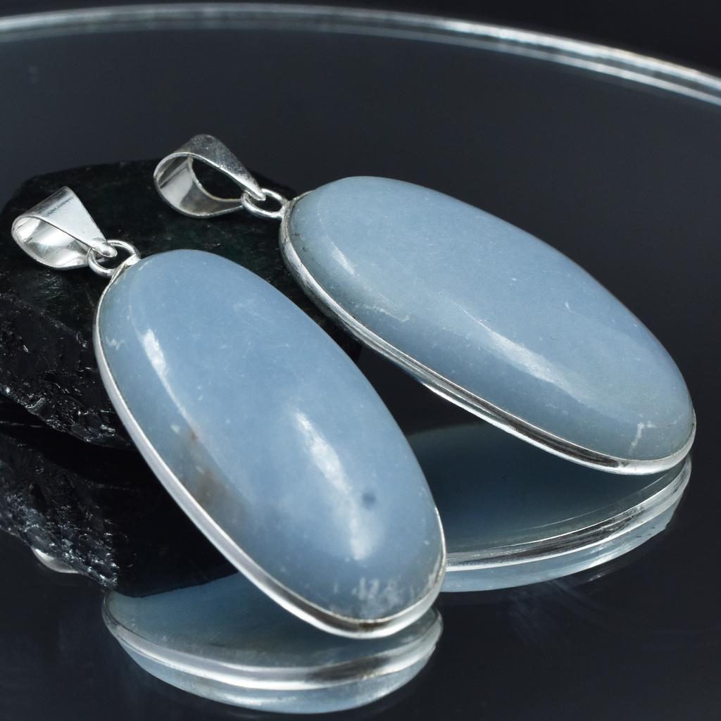 Pair Angelite 142.35 Ct Pendant Healing Stone 925 Silver Oval Cut Gemstone AR-1753