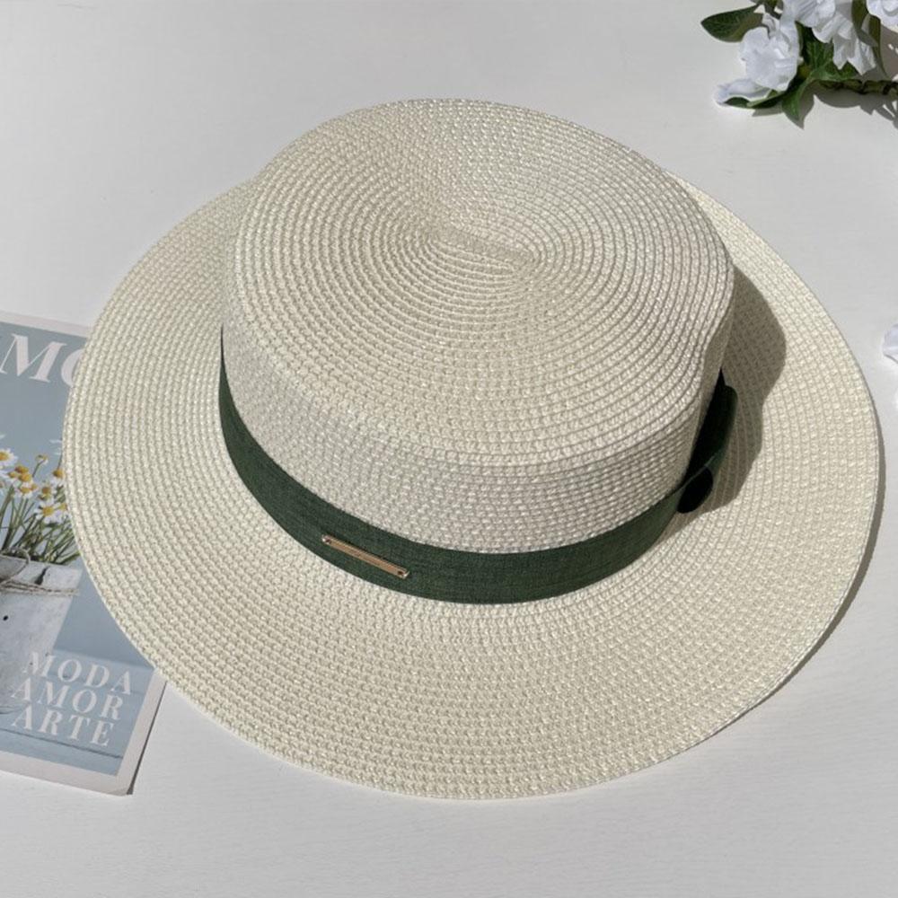 Luxury Elegant Women Summer Straw Hat Flat Top Boater Cap Folds Silk Pearl Decor Hand Weave Wide Brim Sun Hat Panama Fedora