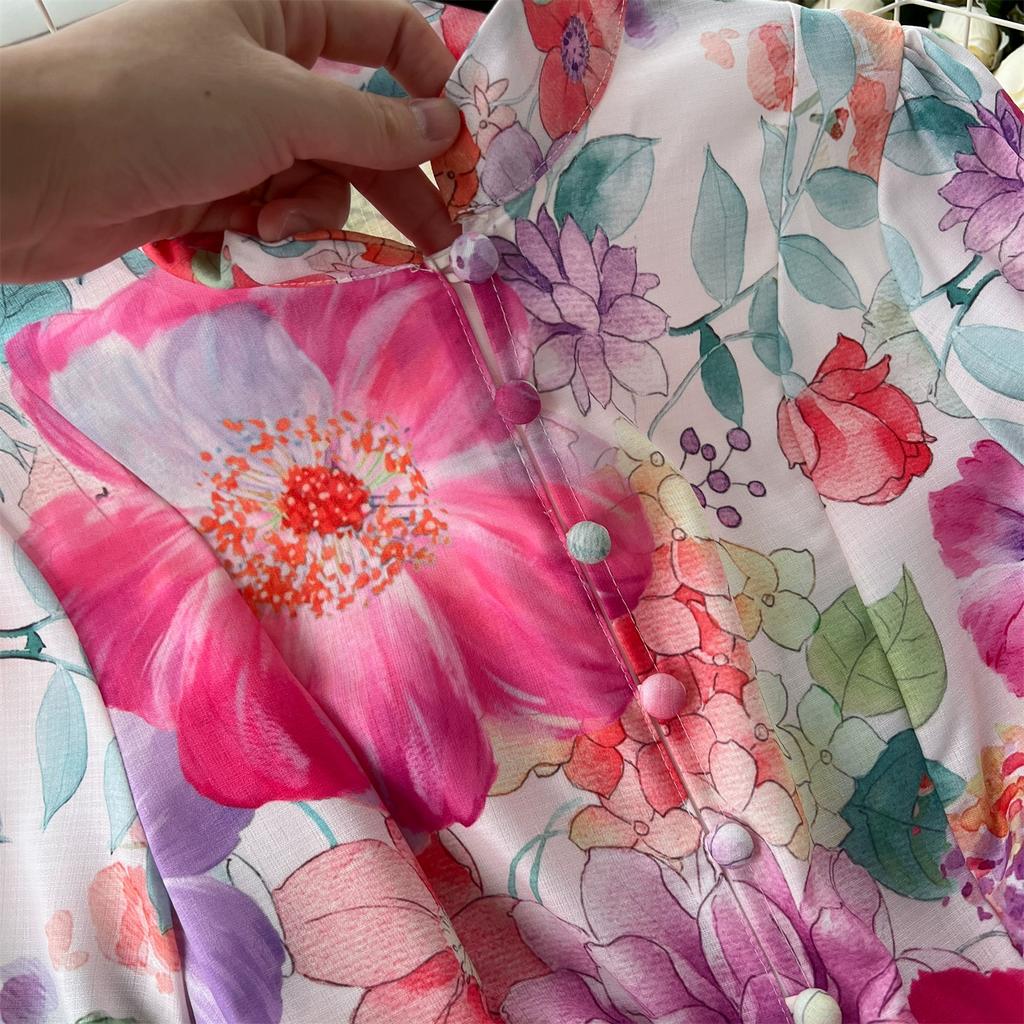 Spring Autumn Women Vintage Print Single Breasted Long Maxi Party Dresses With Belt