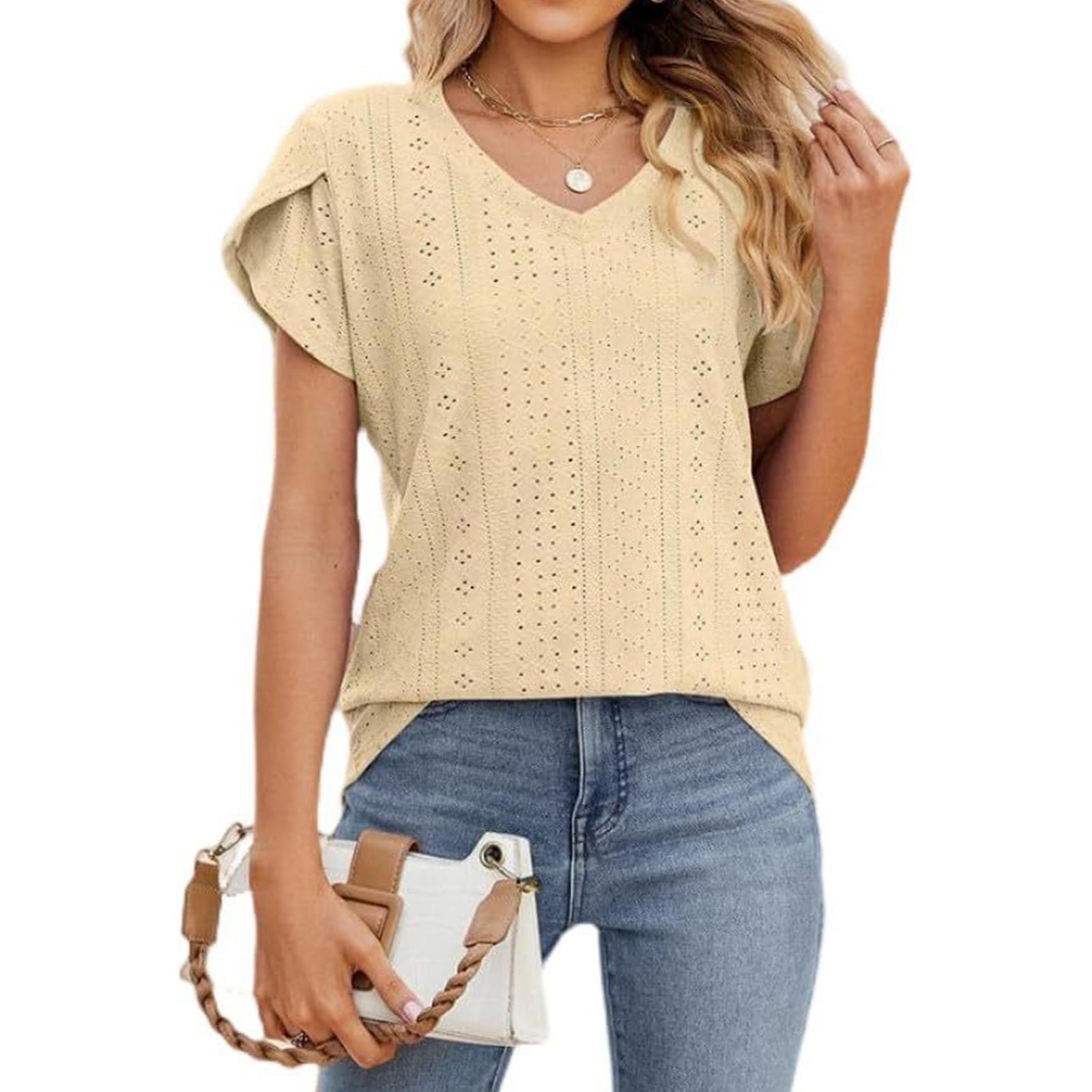 

Women s Casual Fashion V-neck Solid Color Hollow Short-sleeved T-shirt Top XL жовтий