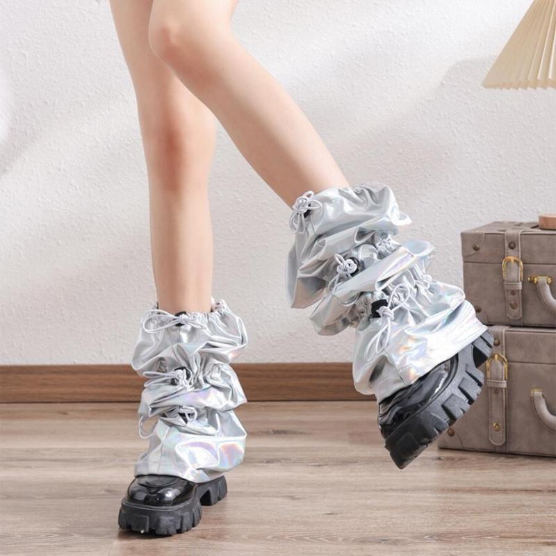 Japanische Frauen Süßes Mädchen Beinstulpen Lange Socken Harajuku Punk Kordelzug Holografische Beinabdeckung mit Verstellbarer Länge