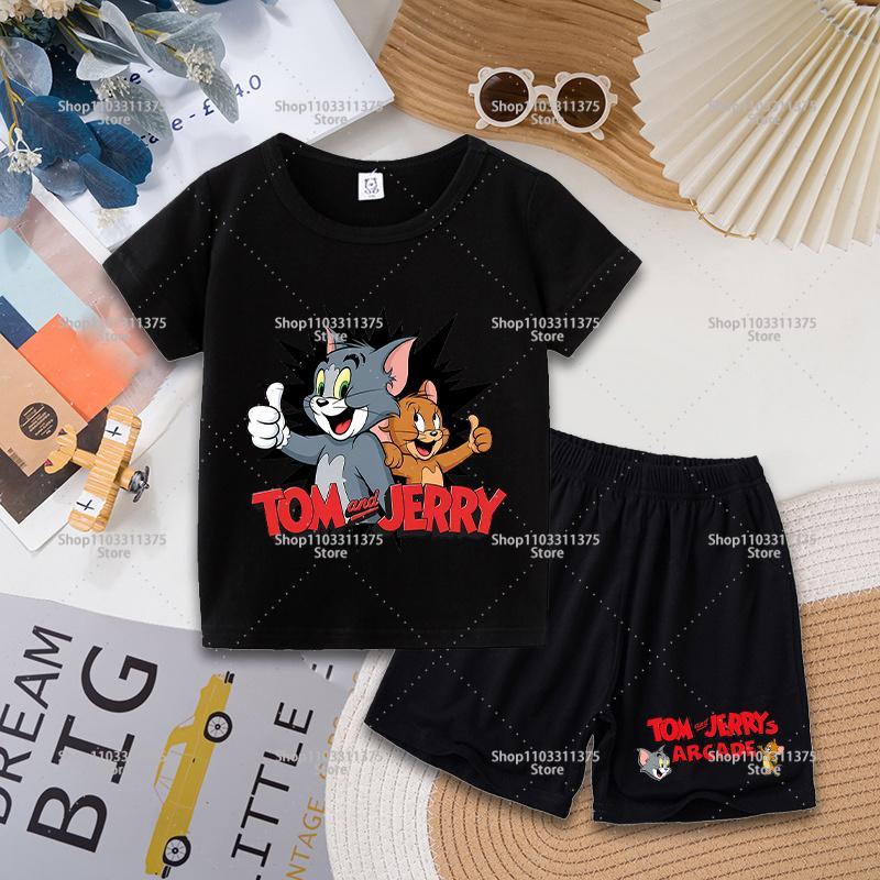 Tom and Jerry T-shirt Shorts Set Cute Cartoon Printed Casual Wear Fashion Summer Boys Girls Clothes Birthday Gift Tops Sportwear