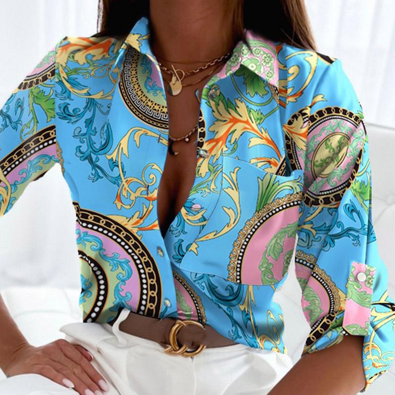 Spring Autumn Lapel Long Sleeve Floral Print Women Shirt
