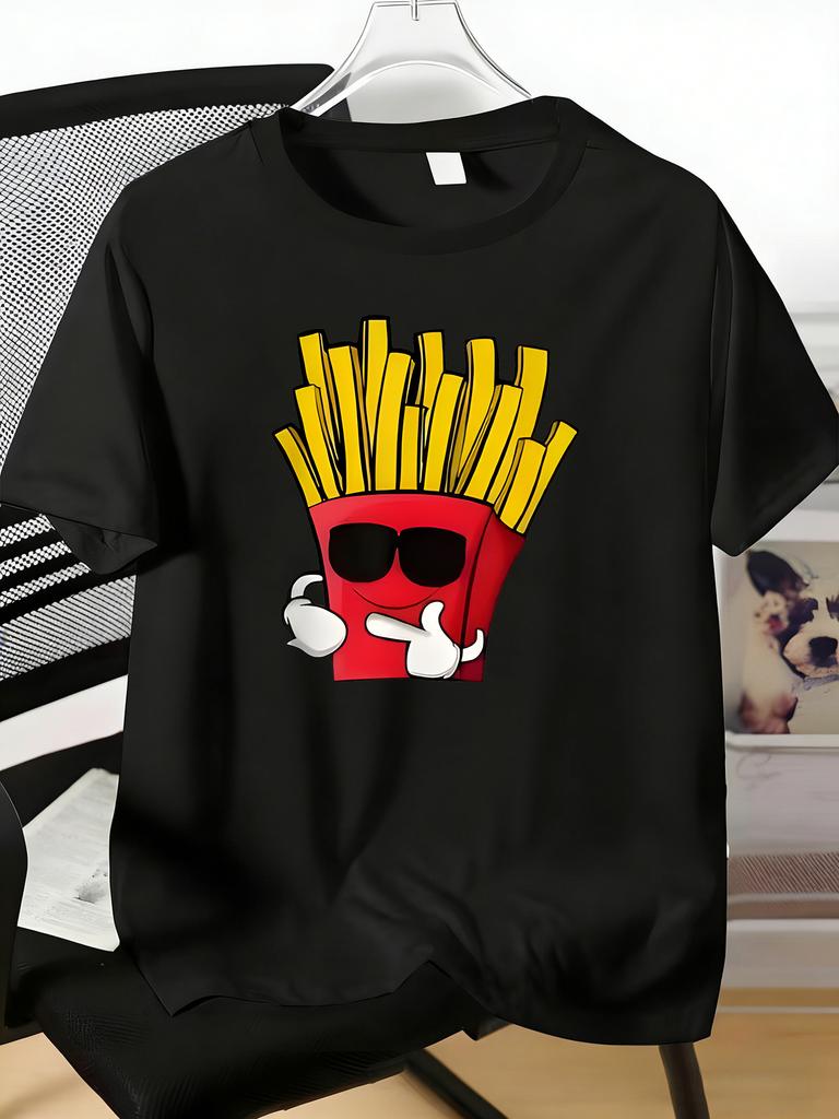 Unisexs Crew Neck Tee Cool Cartoon French Fries Wearing Sunglasses Graphic Soft Lightweight Male Casual Daily Short Sleeve Wear Top