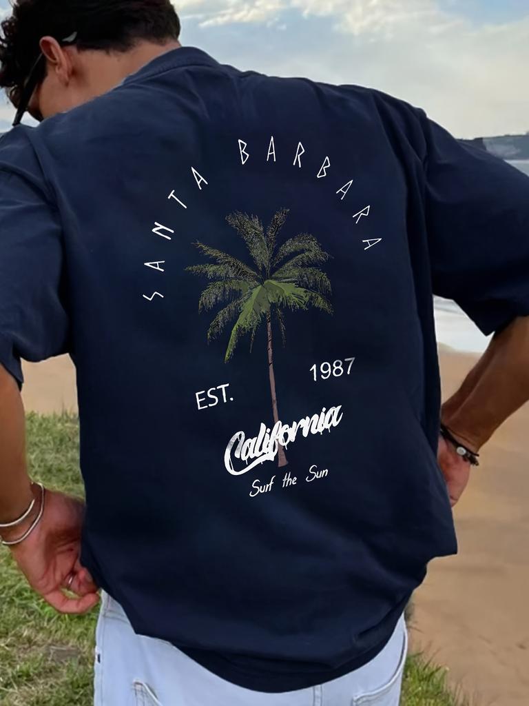 New Mens Vacation Coconut Tree Letter Printed Comfortable Breathable Round Neck Tshirt Summer Outdoor Casual Top