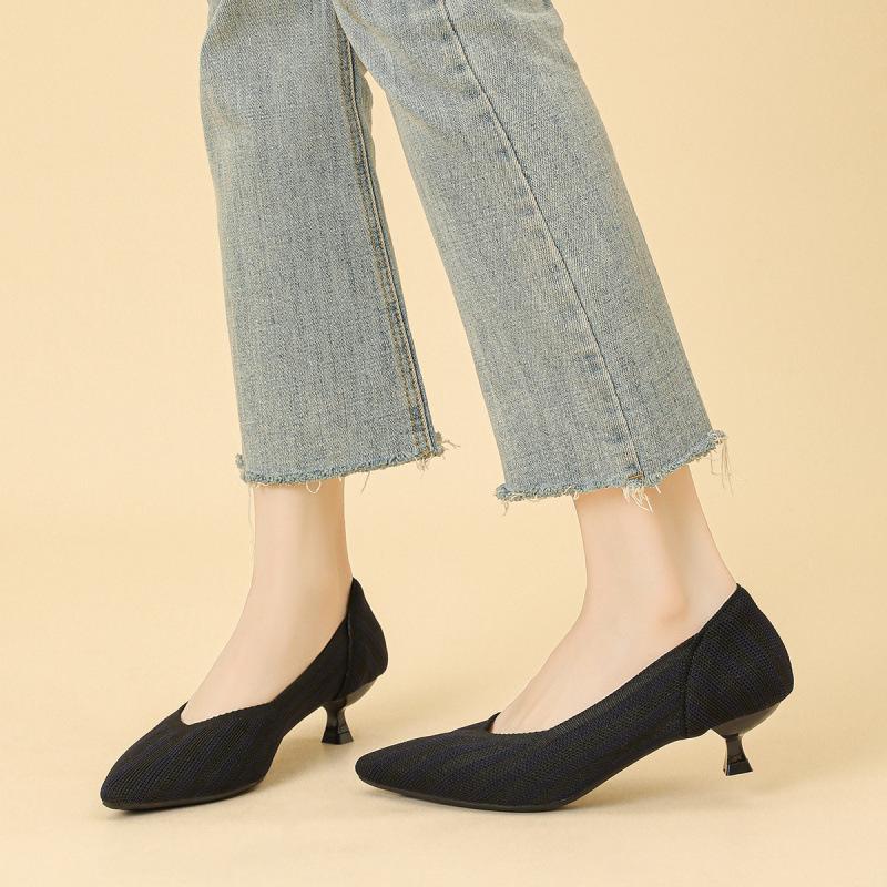 

New high heels pointed fly-woven mid-heel knitted shoes light mouth cat heel single shoes women 34 чёрный