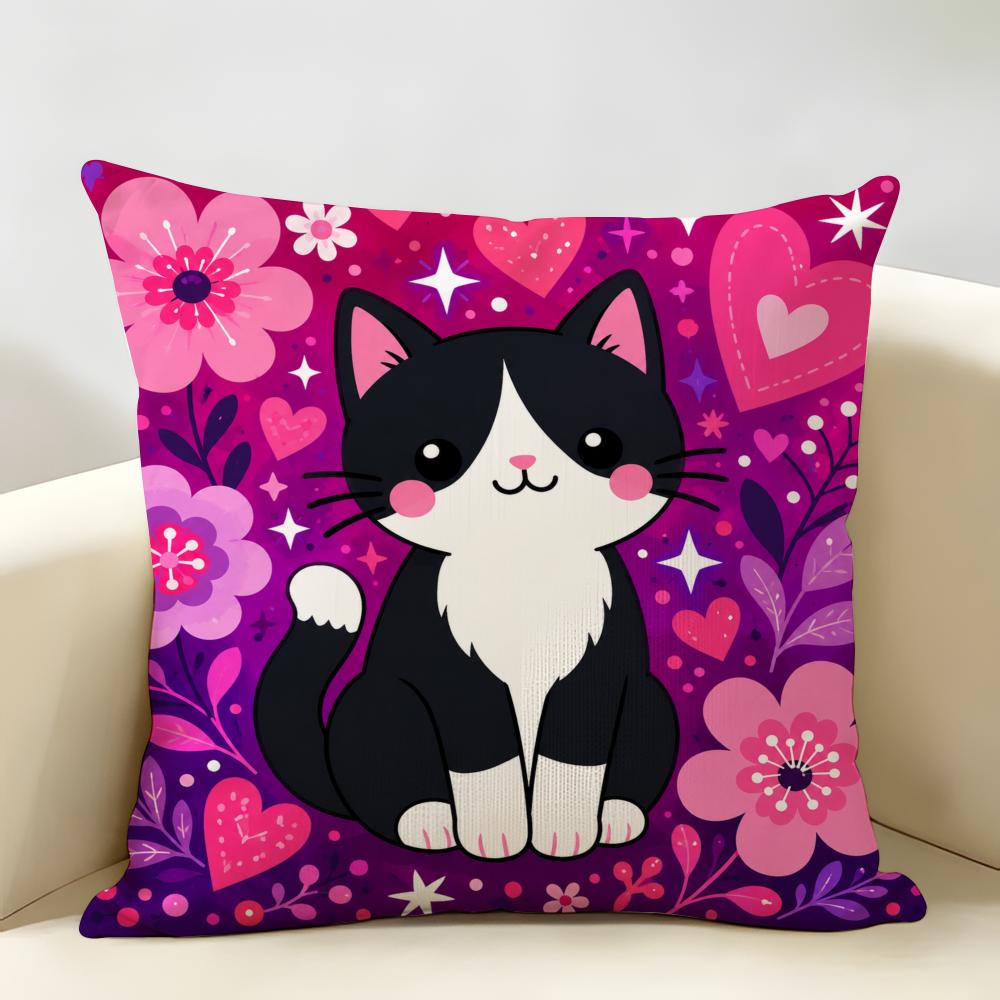Cute Cartoon Cat Print Cushion Cover Natural Linen Organic Fabric Double-Sided Printing Breathable Perfect For Home Decor