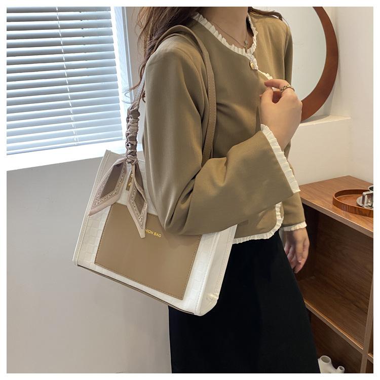 Elegant Silk Scarf Decorated Tote Bag Women Fashion Commuter Shoulder Handbag Soft Faux Leather Work Bag