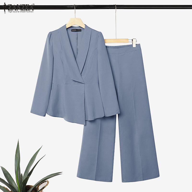 ZANZEA Womens Elegant Two Piece Suit Set Long Sleeve Peplum Blazer Tops and Wide Leg Pants Office Lady Thin Outfits