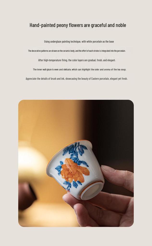 Guanlan Hand-Painted Peony Ceramic Tea Cup, Single Kung Fu Master Cup for Personal or Guest Use