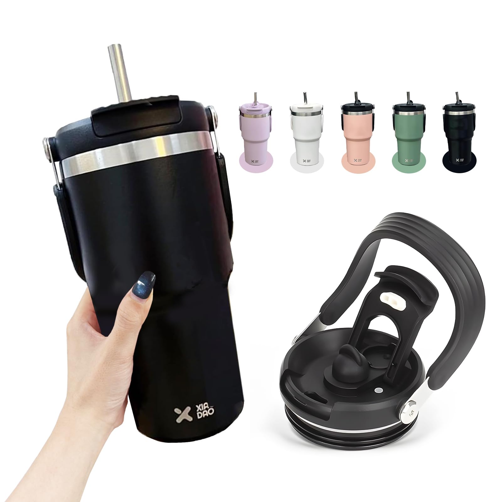 

Spill-proof tumbler with straw, 600ml water bottle, vacuum insulated, keeps hot or cold, stainless steel bottle, wide mouth, direct drinking, with