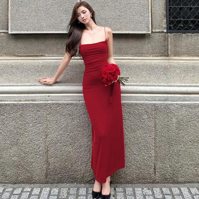 Solid Advanced Dating Sling Dress 2025 Summer New Gyaru Temperament Tight Backless Cross Long dress