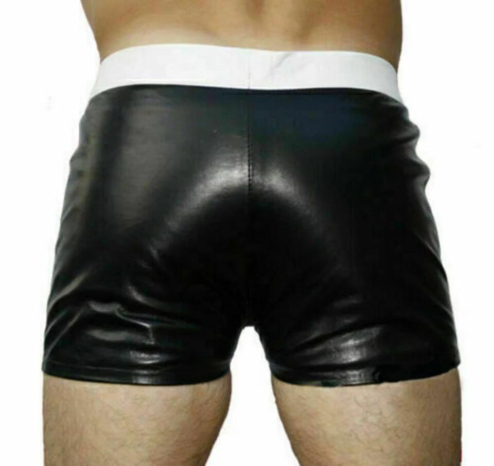 Genuine Lambskin Sports Black & White 100%Men Gym Short Leather Pants Boxer