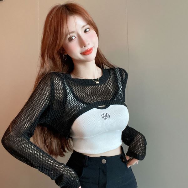 Hollow Out Super Cropped Sweaters Women Solid Sweater O-Neck